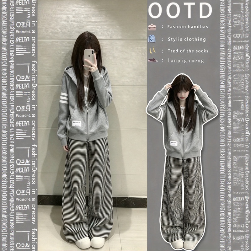 American-Style Girl Outfit for Autumn and Winter, Embroidered Sweatshirt Jacket and Striped Pants Two-Piece Set, Student Street Style for Petite Figures