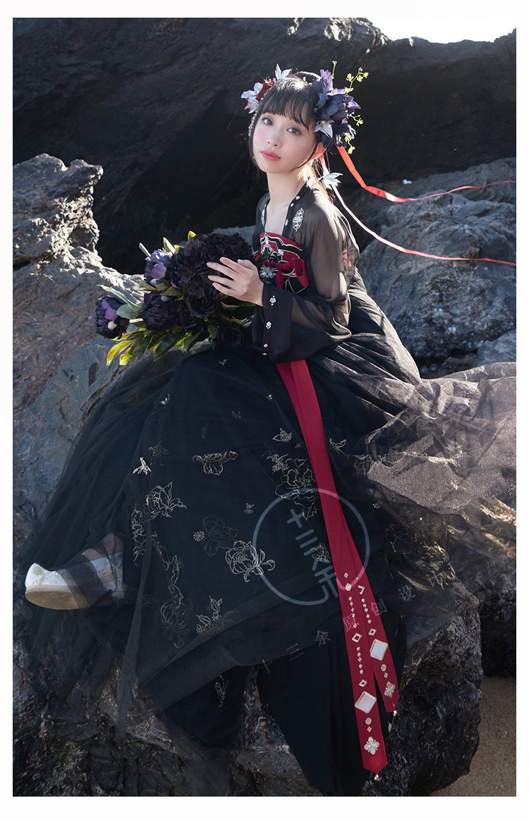 上着 スカート 2点セット ブラック 黒い 漢服 女性 レディース漢服 中華服 漢服 チャイナ服 撮影 演奏会 花火会 パーティー お祭り 踊り お花見 仮装 舞台 コスプレ コスチューム 学園祭り 写真 ドレス 振袖 レディース漢服 Spring Sounds
