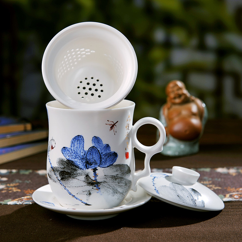 Hand-painted celadon tea cup Jingdezhen ceramic with lid personal office meeting tea cup boss cup gift