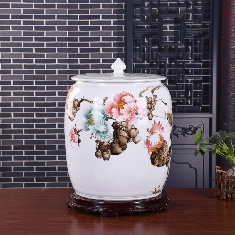 Jingdezhen ceramic hand-painted rice cylinder rice barrel with lid sealed storage tank 30 catty 50 catty of household oil cylinder damp-proof