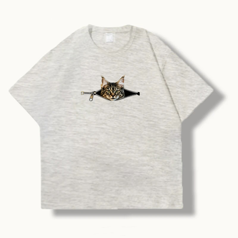 Zipper Cat Tabby Maine  Print Pure Cotton Short-Sleeved T-Shirt for Men and Women, New Japanese Style Casual Summer Couple T-Shirt