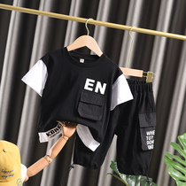 Boys summer suit 2021 new foreign style fake two pieces summer childrens clothing handsome baby Summer short sleeve clothes