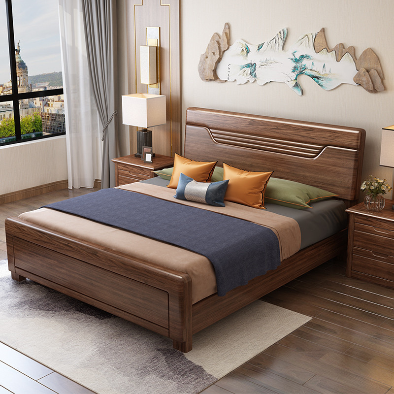 Solid wood bed walnut 1 5 meters 1 8 meters new modern Chinese style high box storage double bed wood plank furniture