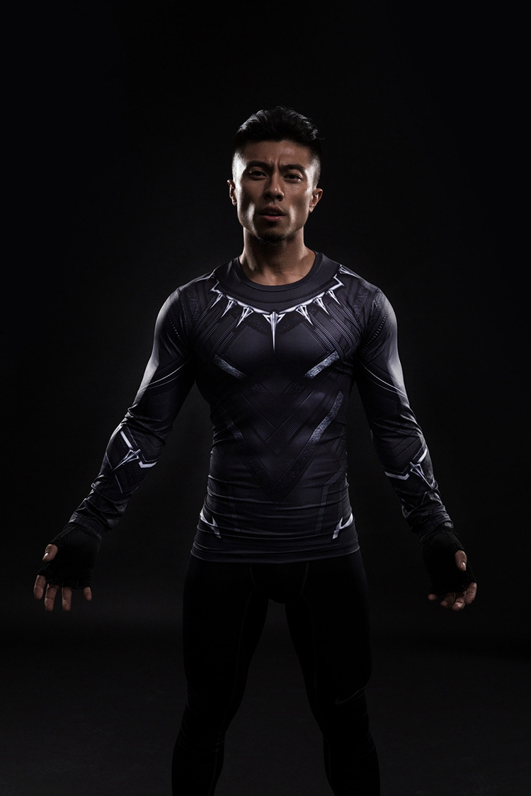 Marvel Superhero Đen Leopard Vớ Thể Dục Thể Thao đàn hồi Cao Nhanh Chóng làm khô Dài tay Nam Cosplay Costume T-Shirt quần áo đi tập gym nữ