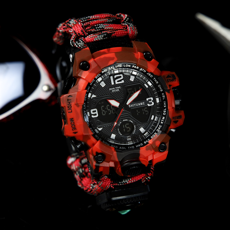 Outdoor Cross-border Special Soldiers Rescued Body Rope Double-Display Electronic Watch High School Boy Sports Luminous Multifunction Waterproof Watch-Taobao