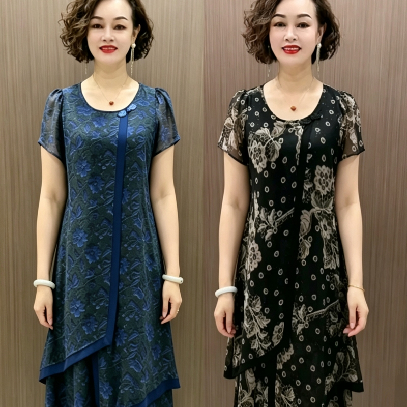Summer Style Korean-Style Waist-Cinching, Contrasting Color Splicing, Double-Layer Gauze Short-Sleeved Dress, Elegant, Casual and Versatile, Mid-Length Dress for Women