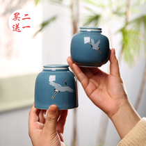 Crane retro ceramic tea jar small travel portable sealed small jar mini tea box one or two green tea cans