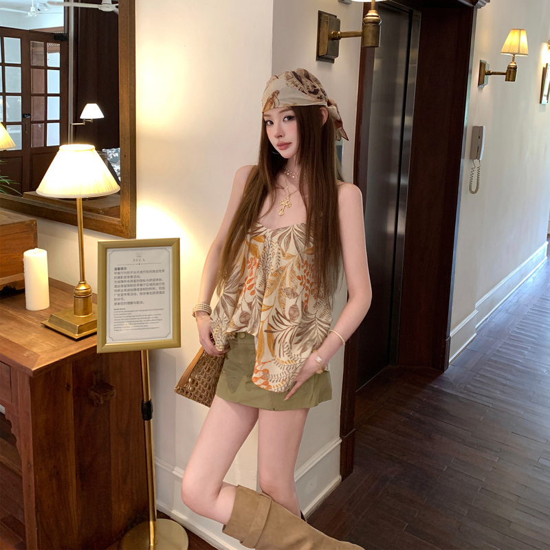 Jinli'Kyoto Holiday' Summer Loose Slimming Sleeveless Top Vacation Style Printed Camisole for Women