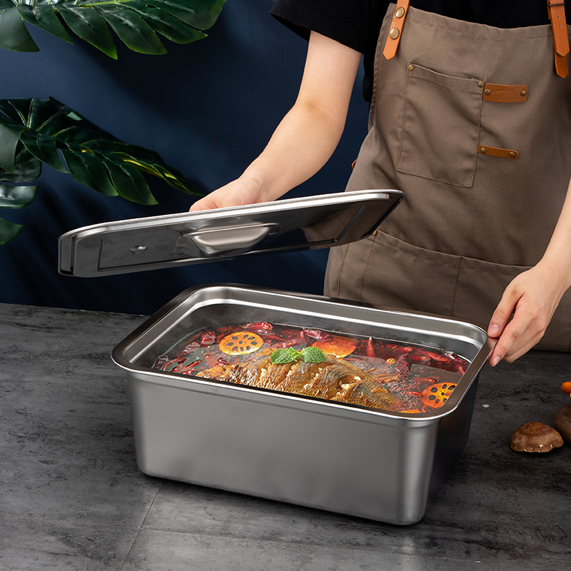 Stainless steel square basin flat-bottomed deep steamed dinner plate rectangular basin fast food basin buffet with lid grilled fish plate commercial