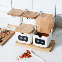Sherry creative Japanese ceramic bamboo and wood seasoning jar Seasoning jar Seasoning box Seasoning bottle Salt jar Three-piece set
