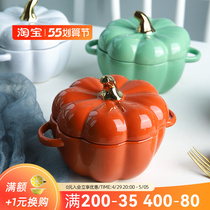 Sheri Ceramic Bowl with lid simmer Pumpkin Rind for home Kitchen Childrens Case Soup Bowl Steamed Egg Salad Bowl Cutlery Rice Bowl