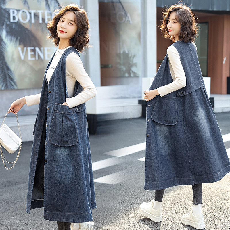 Original Italian Export Surplus, Cut Label, Plus-Size Denim Dress, Mid-Length Spring Dress with Large Pockets and Vest