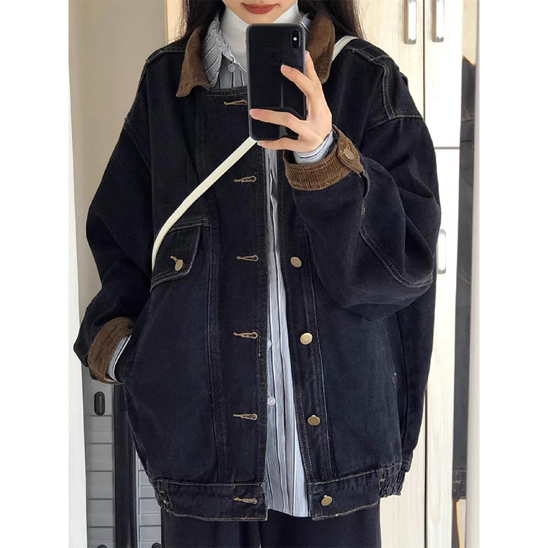 2023 Spring Autumn Harbor Wind Washed Black American Vintage Denim Jacket Woman New Design Sense Loose Jacket Blouse-Taobao