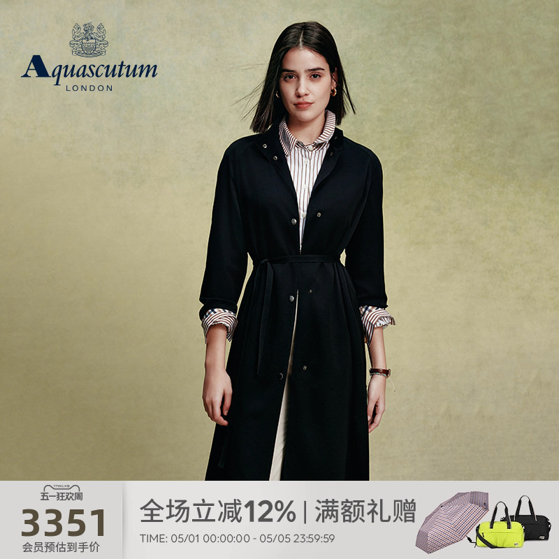 Aquascutum/Yageshidan Spring and Summer New Women's Fashion Casual Black Drape Trench Coat with Elegant Style