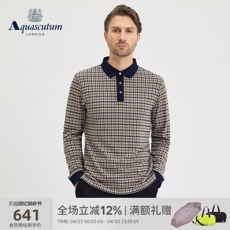 Aquascutum/Aquascutum's New Autumn and Winter Men's Business Lapel T-Shirt Plaid Long-Sleeved Polo Shirt for Work Clothing
