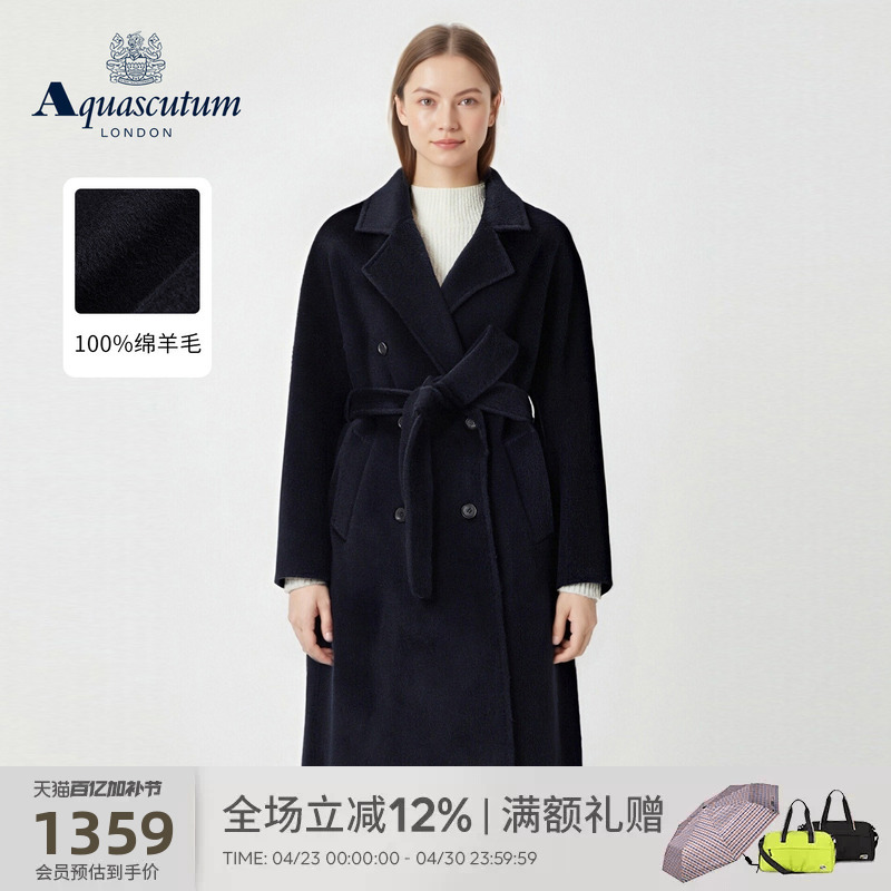 Aquascutum/Yageshidan New Winter Product Women's Double-Breasted Sheep Wool Woolen Coat with Elegant Style