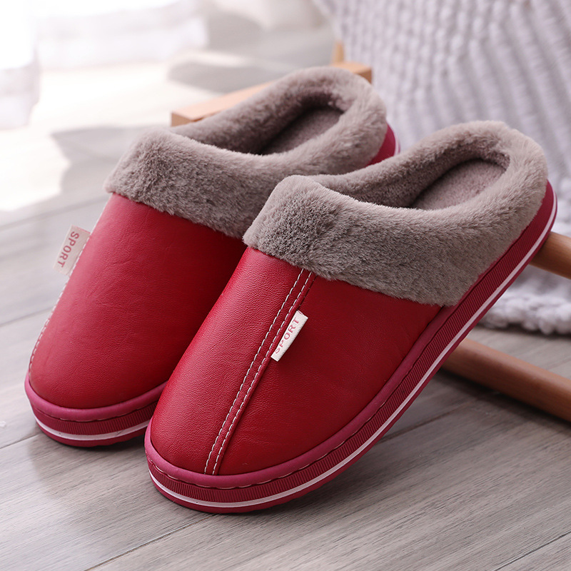 Leather Face Slippers Lovers Winter Plus Suede PU Waterproof Indoor Thickened Plush Warm Home Cotton Slippers male and female Baotou