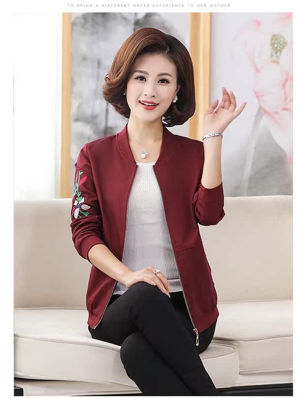 Mùa thu sản phẩm mới trung niên và phụ nữ tuổi áo ngắn giản dị áo sơ mi cỡ lớn trung niên mẹ mùa xuân và áo khoác cotton thêu mùa thu - Áo khoác ngắn shop đồ nữ