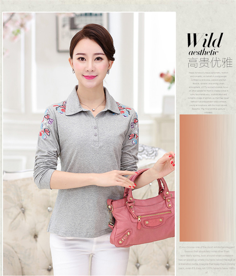 Áo thun nữ mùa xuân thêu hoa dài tay cho mẹ áo sơ mi mùa thu từ dưới lên vest nữ trung niên