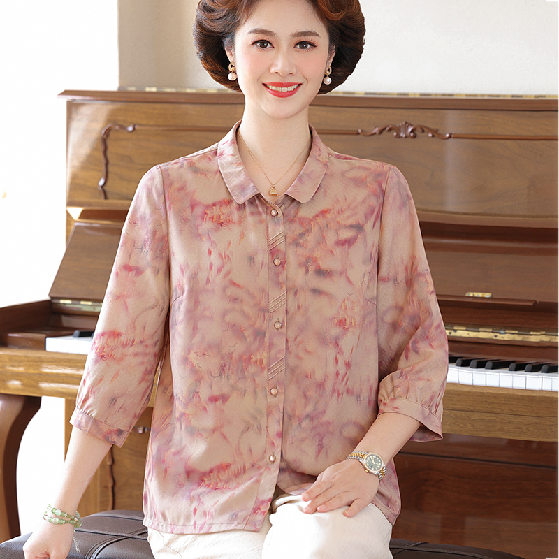 Trendy Mom Summer Floral Mid-Sleeve Shirt for 50-Year-Old Middle-Aged Women, Chiffon Blouse for Middle-Aged Women