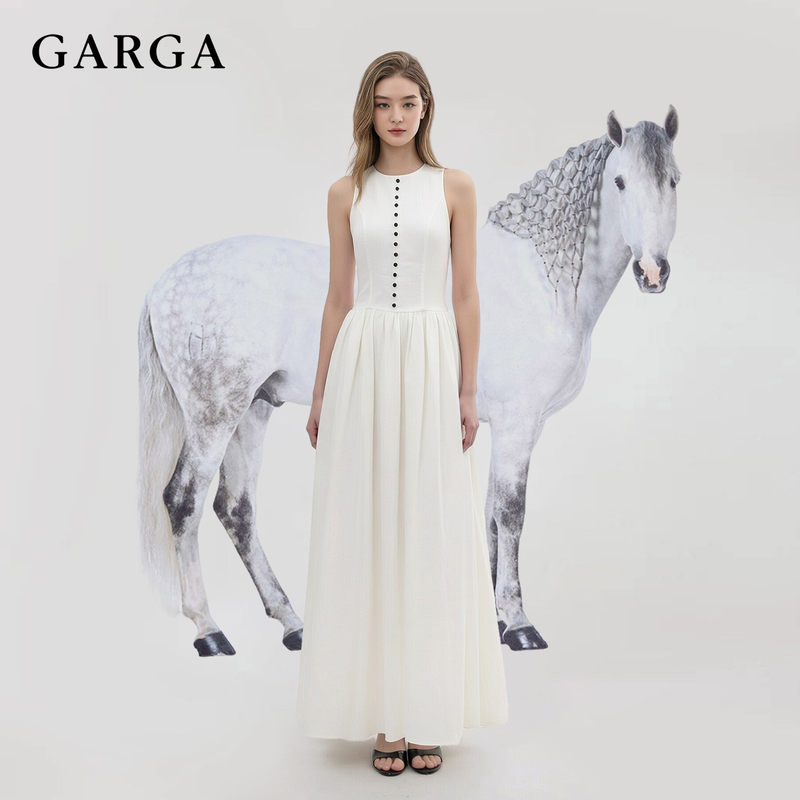 Garga French Style 2026 Stunning Sleeveless White Long Dress for Women, Elegant Vacation Single-Breasted Tank Dress