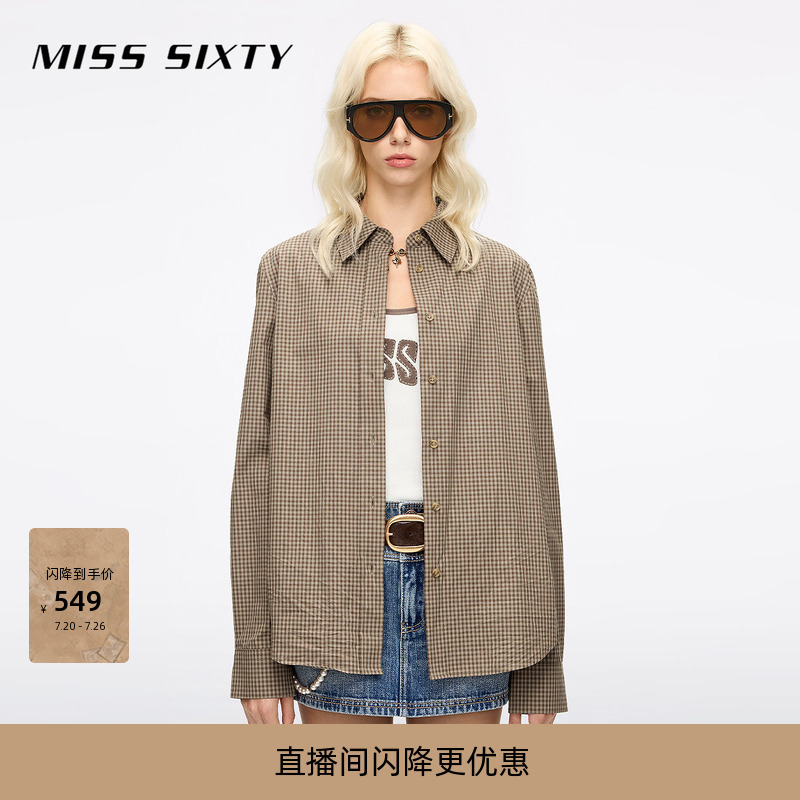 [Same Style as Yang Mi] Miss Sixty 2026 Spring/Summer Long-Sleeved Shirt for Women, Retro Plaid Cotton Top, Mid-Length