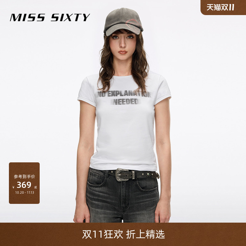 Miss Sixty2026 New Autum Short-Sleeved T-Shirt for Women, Round Neck, Retro Distressed Letter Print Cotton Top