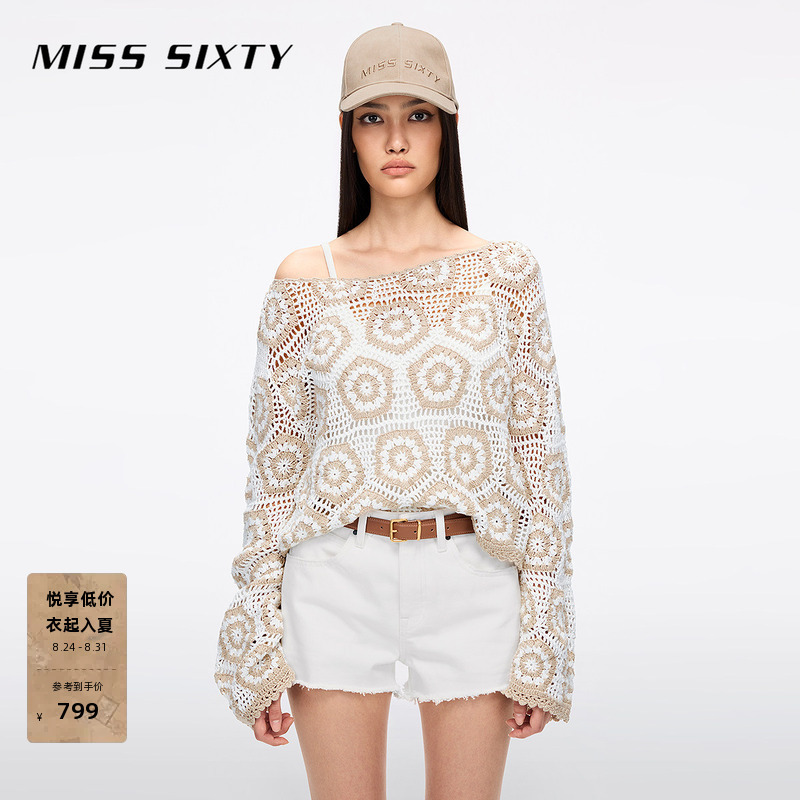 Miss Sixty Summer Low Round Neck Knitwear Women's Top Combed Cotton Crochet Pattern Romantic Holiday Style Knitwear Miss Sixty Summer Low Round Neck Knitwear Women's Top Combed Cotton Crochet Pattern Romantic Holiday Style Knitwear