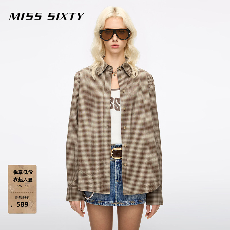 [Same Style as Yang Mi] Miss Sixty 2026 Spring/Summer Long-Sleeved Shirt for Women, Retro Plaid Cotton Top, Mid-Length