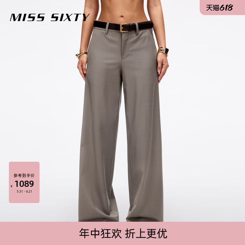 Miss Sixty Summer Style Woolen Suit Pants with Belt for Commuting, Straight-Leg Pants for Women, Old Money Style with Drape Effect