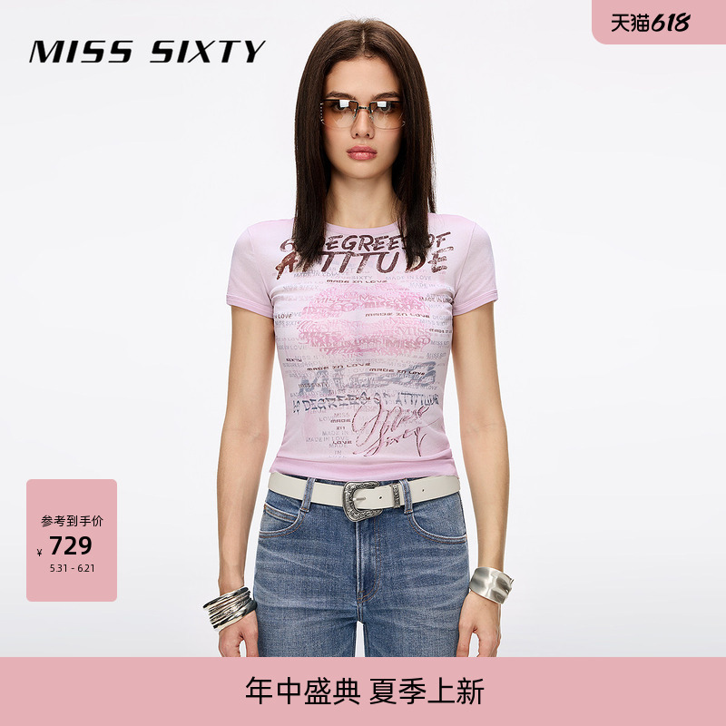 Miss Sixty2026 New Summer T-Shirt for Women, Round Neck, Regular Shoulder, Slim Fit, Hot Girl Style, Personalized Logo Print Top