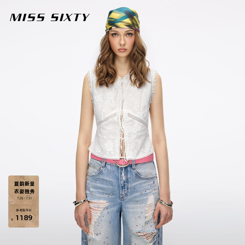Miss Sixty2026 New Summer Style Sleeveless Shirt for Women with Lace, Sequins, Embroidery, Cut Out Lace-Up Top Miss Sixty2026 New Summer Style Sleeveless Shirt for Women with Lace, Sequins, Embroidery, Cut Out Lace-Up Top