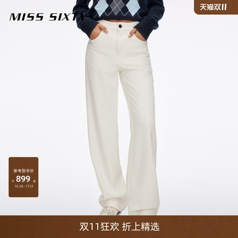 Miss Sixty2026 New Winter Style Composite Velvet Jeans for Women, Distressed and Lightly Frayed White Casual Straight-Leg Pants