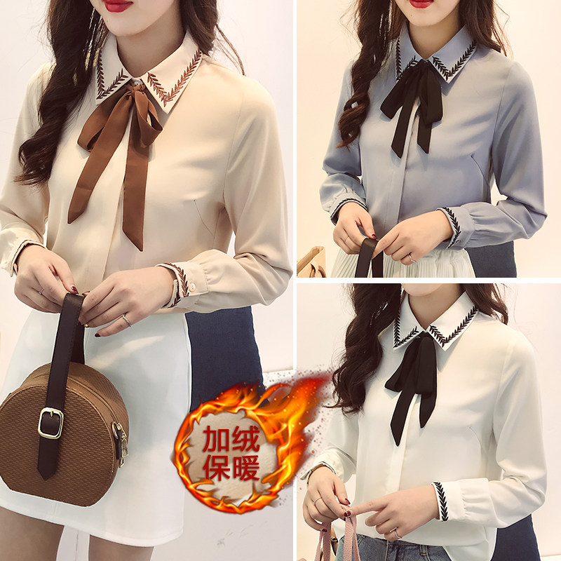 Shirt woman long sleeve 2022 autumn winter new Korean version plus suede thickened butterfly knot OL warm blouse slats bottom white shirt