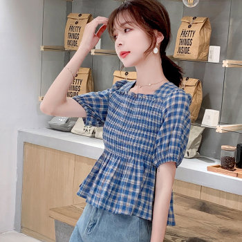 2022 spring and summer new sweet plaid retro French square collar puff sleeve clavicle top women's thin short-sleeved shirt