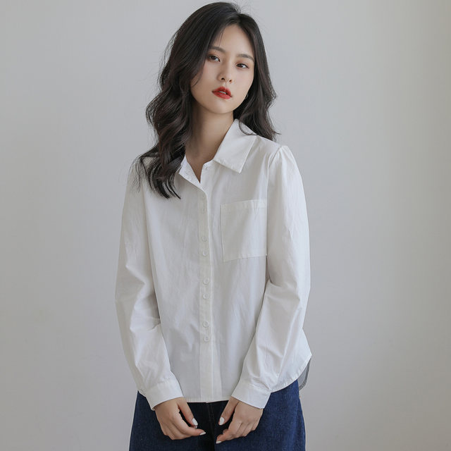 2022 spring and autumn new basic models simple and versatile pure white shirts long-sleeved shirts women's tops