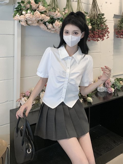 Summer JK uniform white shirt design sense waist pleated short-sleeved shirt female + suit pleated skirt suit