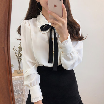 2022 spring and autumn new Korean version of student bow tie ruffled long-sleeved shirt women's chiffon shirt bottoming top