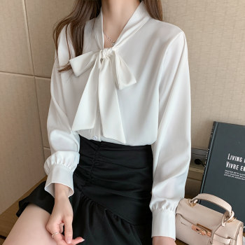 French long-sleeved temperament satin chiffon shirt women's 2022 spring and autumn new bow loose professional white top