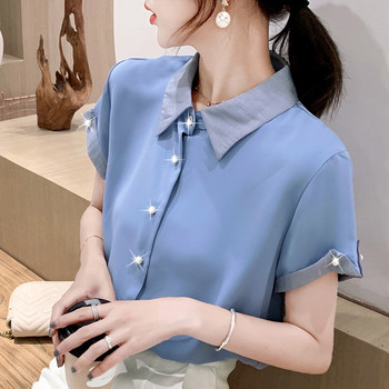 Color-blocking short-sleeved pearl button chiffon shirt women's thin section 2022 summer Korean version loose Western-style shirt top