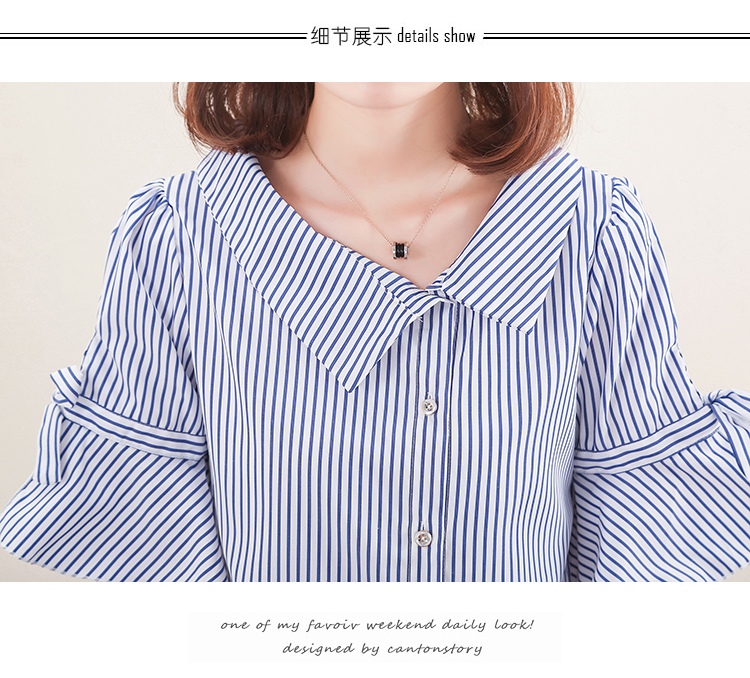 Xuân 2018 phiên bản Hàn Quốc mới của áo kèn cổ chữ V không cổ rộng tay áo sinh viên tay ngắn sọc nữ kiểu áo sơ mi nữ đẹp