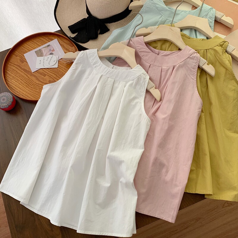 Korean-Style Pleated Halter Neck Cotton and Linen Tank Top Shirt for Women, Summer Loose Fit, Slimming, Elegant Babydoll Sleeveless Top