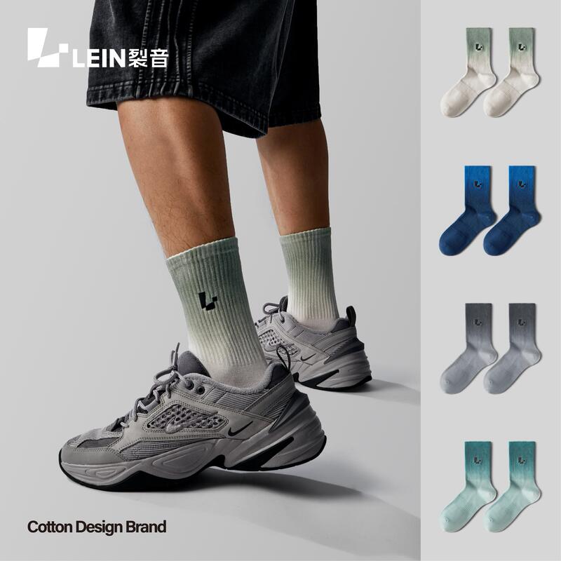 Lein Crackle Tie-Dye Embroidered Socks Men's Mid-Calf Socks Gradient Summer New Cotton Socks Gradient Light Trendy Men's Long Socks