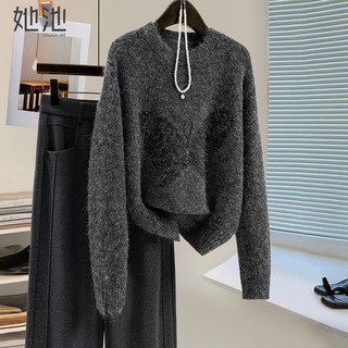 她池圆领毛衣2025秋装新款女装宽松款慵懒风珠片蝴蝶图案长袖上衣