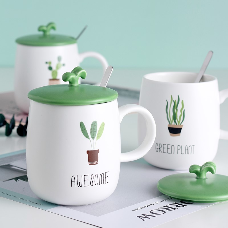 Large capacity in the summer of lovely ceramic cup tea trend of men and women home mark cup of milk coffee cup with a spoon