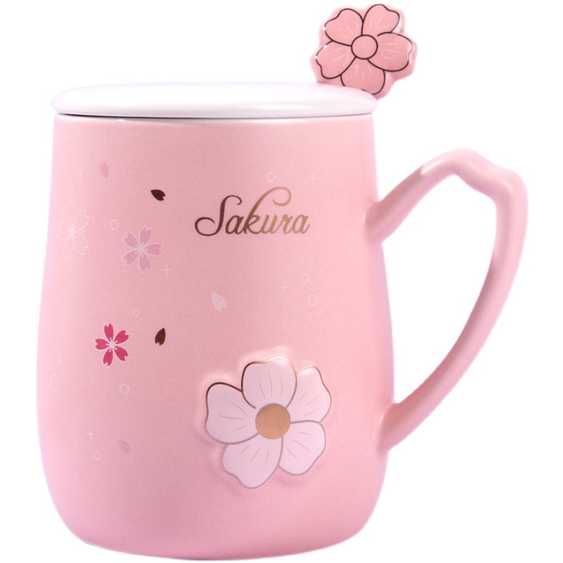 Japanese creative cherry blossom put ceramic cups with cover teaspoons of heat - resistant glass home office girl relief mugs