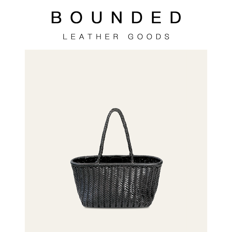 Bounded Genuine Leather Hand-Woven Tote Basket Vertical Stripe Woven Shoulder Handbag