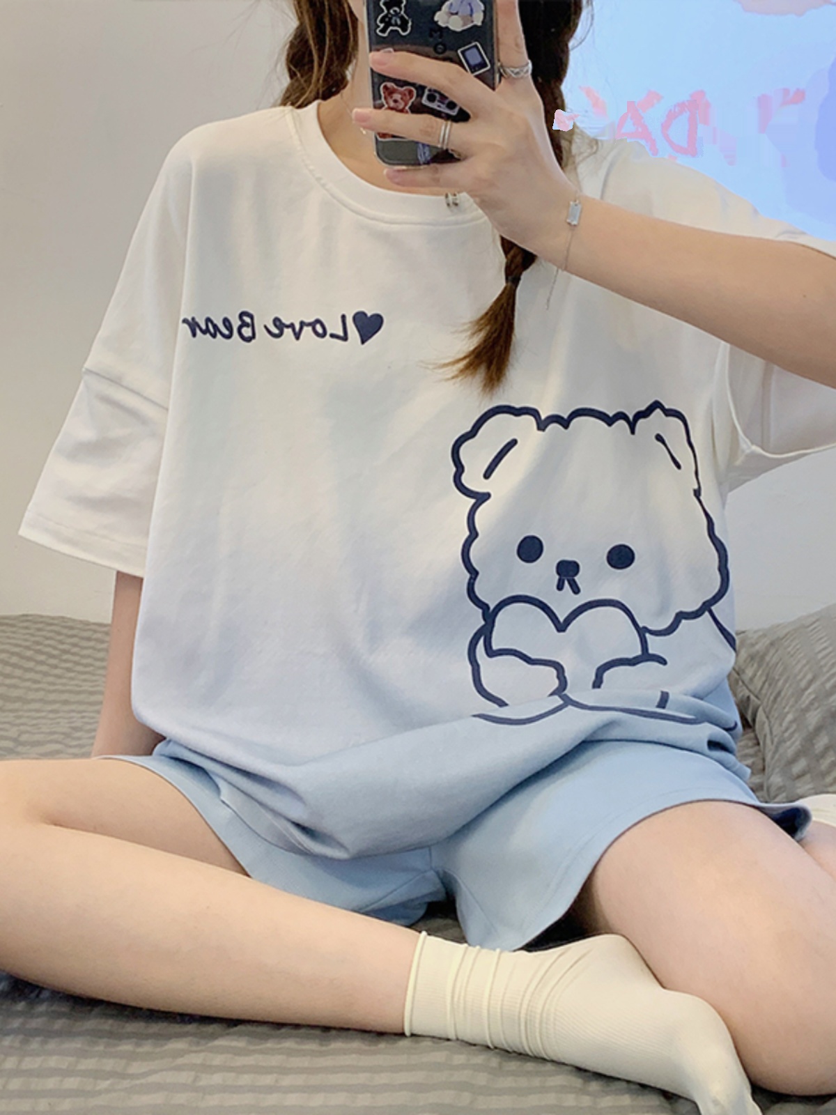 睡衣女春夏季纯棉2024年新款可爱小熊渐变色可外穿家居服套装夏天