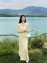 French girl floral mid-length ruffle skirt feminine slim summer vacation lace suspender dress