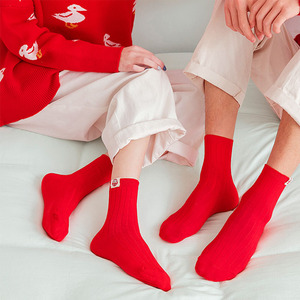 大红本命年女秋冬季中筒袜加绒加厚